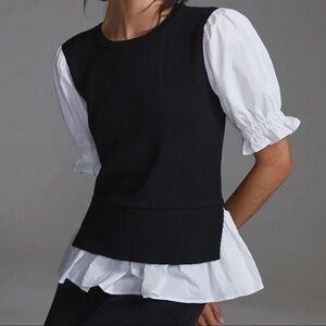 Anthropologie Black and White Puff Sleeve Blouse